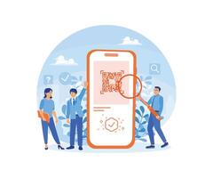 un grupo de personas utilizar móvil Los telefonos para en línea pagos escanear el qr código en un teléfono inteligente en línea pago concepto. plano ilustración. vector