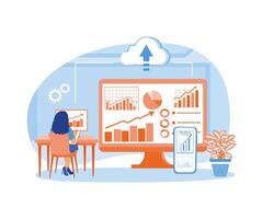 Women analyzing financial data on the computer. Move data from cell phone to computer. Could Computing concept. Flat illustration. vector