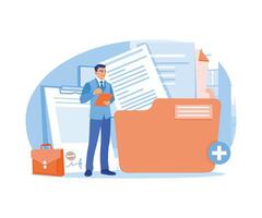 Businessman holding document on clipboard. Save files in main folders. Storage concept. Flat illustration. vector
