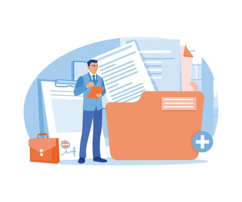 Businessman holding document on clipboard. Save files in main folders. Storage concept. Flat illustration.