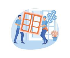 Home maintenance concept. Carpenter replaces and installs house windows. Home maintenance concept. Flat illustration. vector