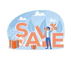 Man using a megaphone. Big promotions and sales for customers. Big Sale concept. Flat illustration. vector