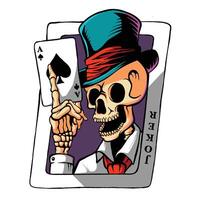 Laughing angry joker skull with playing cards. vector