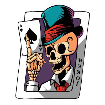 Laughing angry joker skull with playing cards.