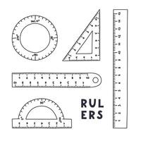 Cute doodle set of plastic rulers, protractor, triangle, compass with hand drawn outline. Tools for drawing and measurement. School supply and stationery for study and work. clipart isolated vector