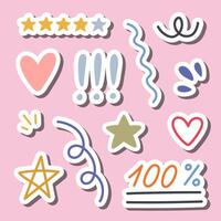 Set of stickers with squiggle, scribble, swooshes, important, heart, stars for planners, notebooks. Ready for print list of cute stickers. Minimalistic abstract swishes, swoops. Creative doodle vector