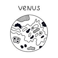 Funny hand drawn black and white Venus. Second planet of Solar System. Childish outline doodle of astronomy celestial body for kids education, space infographic, astrology design isolated on white. vector