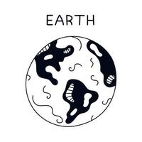 Funny hand drawn black and white Earth globe. Our planet of Solar System with world map in the circle. Childish isolated outline doodle of astronomy celestial body for kids education, galaxy design. vector