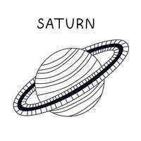 Cute hand drawn black and white Saturn. Outline gas giant planet of Solar System, Galaxy. Childish simple doodle isolated. Astronomy celestial body for kids education, infographic, astrology poster. vector