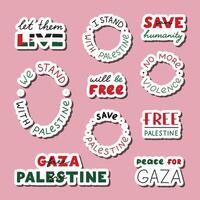 Lettering sticker set We Stand with Palestine. Ready for print list of cute stickers with handwritten phrases Let Them Live, Save Humanity, Free Gaza, Peace For Palestine, Will Be Free. vector