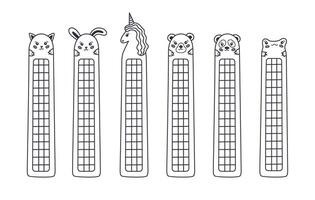 Cute doodle kawaii bookmarks with place for notes with animal faces of cat, rabbit, frog, unicorn, panda, bear for kids. Stationery for reading books. Back to school with hand drawn outline vector