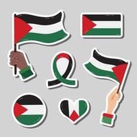 Palestine and Gaza flag sticker set with hand drawn illustrations. Ready for print list of cute stickers of hand holding flag, flag in the shape of ribbon, heart, circle. Free Palestine and Save Gaza. vector