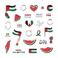 Big cartoon set of Save Palestine with lettering and hand drawn clipart. Watermelon slice, Gaza flag, fist, peace dove, heart. Simple doodle for Free Gaza poster, banner, wallpaper, flyer, t shirt. vector