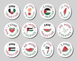 Big sticker set of We Stand with Palestine emblems with lettering and hand drawn clipart. Watermelon slice, Gaza flag, fist, peace dove. Ready for print list of cute stickers of Free Gaza concept. vector