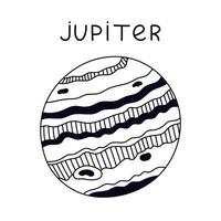 Funny hand drawn black and white Jupiter. Outline sas giant planet of Solar System. Childish simple doodle of astronomy celestial body for kids education, outer space infographic, universe placard. vector