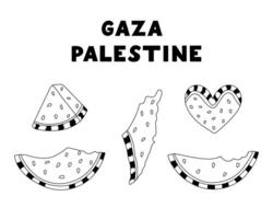 Hand drawn doodle set with different watermelon slices as symbol of Palestinian resistance. Outline watermelon in the shape of heart, slice, map of Israel, Gaza. Save Palestine and Free Gaza concept. vector