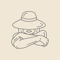 hermosa niña logo vistiendo un sombrero línea estilo dibujado por mano icono símbolo gráfico diseño ilustración vector