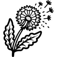 Light dandelion seed flies away from flower in monochrome. Wild meadow plant. Simple minimalistic in black ink drawing on white background vector