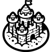 Fairy tale sand castle in monochrome. Beach toys. Simple minimalistic in black ink drawing on white background vector