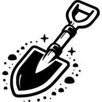 Small garden shovel with wooden handle in monochrome. Farm tool for digging holes. Simple minimalistic in black ink drawing on white background vector
