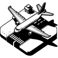 Passenger aircraft on additional maintenance lane in monochrome. Parking liners at airport territory. Simple minimalistic in black ink drawing on white background vector