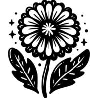 Blooming chamomile flower with leaves and stem in monochrome. Summer wildflower. Simple minimalistic in black ink drawing on white background vector