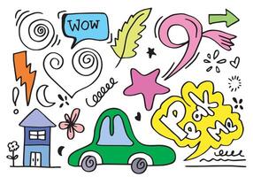 hand drawn car, home, star. thunderbolt on white background. kids doodle. vector