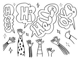 Applause hand draw on white background with hey, hello, ok, hi text. vector