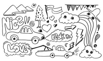 hand-drawn car, hill, clouds, flags on white background. vector
