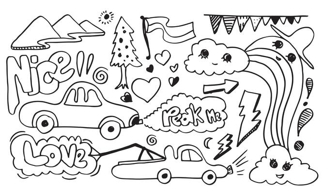hand-drawn car, hill, clouds, flags on white background.