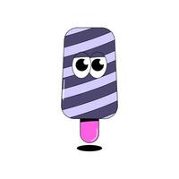 Trendy psychedelic sticker ice cream. Striped ice cream on stick with funky face. Cute character dessert mascot in groovy style. illustration for menu, cafe vector