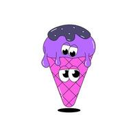 Trendy psychedelic sticker ice cream. A scoop of ice cream with chocolate in waffle cone with funky faces. Cute character dessert mascot in groovy style. illustration for menu, cafe vector
