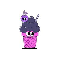 Trendy psychedelic sticker ice cream. Cream ice cream in waffle cup with cherry and stick with funky faces. Cute character dessert mascot in groovy style. illustration for menu, cafe vector