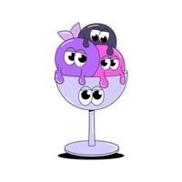 Trendy psychedelic sticker ice cream. Three colored balls in bowl with funky faces. Cute character dessert mascot in groovy style. illustration for menu, cafe vector