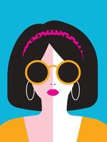 Retro portrait woman with sunglasses. Fashion face girl poster of flyer. Flat illustration vector