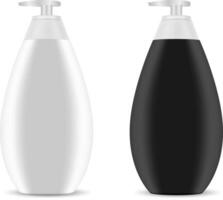 bomba botella colocar. dispensador paquete piel productos cosméticos. negro y blanco realista 3d envase para líquido hidratante, cuerpo jabón, piel tratamiento. limpiar embalaje burlarse de arriba. vector