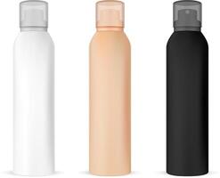 Spray Mockup Bottle. Aluminum Freshener Container. 3d Metal Hair Sprayer. Cosmetic Cylinder Realistic Packaging. Round Antiseptic Dispenser Tube. Deodorant Aerosol Template. vector
