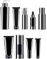 Luxury black 8 pcs. cosmetics bottle set dispenser, dropper, cream tubes, deodorant. Cosmetic mockup package design. Sample label and logo included. vector