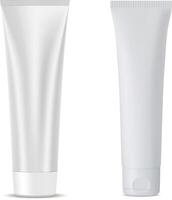 crema tubo colocar. blanco cosmético envase blanco para pasta dental, fregar, facial crema realista médico ungüento producto. 3d suave el plastico frasco. vector