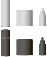 Cosmetic Bottle Packaging Set with Dropper, Cream Jar and Spray Can Isolated in Black and White. Realistic 3d Object Template. Body Hygiene and Spa Products with Moisturizer and Serum. vector