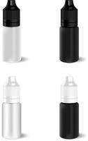 E Juice Liquid Dropper Bottle. Vial for Essence. Plastic Vapour Flacon Packaging Mockup. Realistic 3d Dripping Container Set with Cap for Electronic Cigarette Vaporize. Organic Herb Aroma. vector