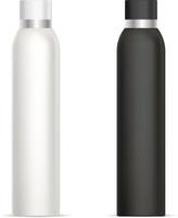 Deodorant Spray Bottle. Cosmetic Tin Mockup. Hair Spray Container with Plastic Cap. Fragfance Freshener Aluminum Can. Fresh Odor Product. Perfume Aerosol in Black and White. vector