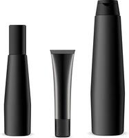 Black Cosmetic Bottle and Tube Set. Bath Flask Mockup. Hair Balm or Conditioner Men Collection. Shower Soap and Oil Essence Flacon. Cosmetology Gygiene Package. vector