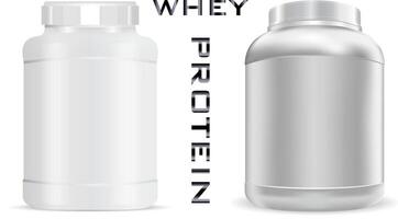Big sports nutrition can illustration. Protein bottle with white lid. White jar isolated on background. vector