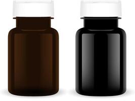 Supplement Pill Bottle. Black Plastic Medical Set. Pharmaceutical Capsule 3d Jar Mockup Template. Round Pharmacy Tablet Container Pack with White Cap. Vitamine or Placebo Box. vector