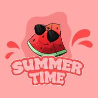 Summer time text with a cool cartoon watermelon slice wearing black sunglasses. vector