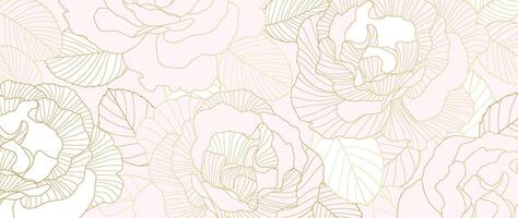 Luxury golden peony flower line art background . Natural botanical elegant flower on light background. Design illustration for decoration, wall decor, wallpaper, cover, banner, poster, card. vector
