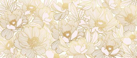 Luxury golden peony flower line art background . Natural botanical elegant flower on light background. Design illustration for decoration, wall decor, wallpaper, cover, banner, poster, card. vector