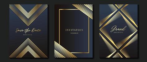 Luxury invitation card background . Golden elegant geometric shape, gold lines gradient on dark blue background. Premium design illustration for gala, grand opening, party invitation, wedding. vector