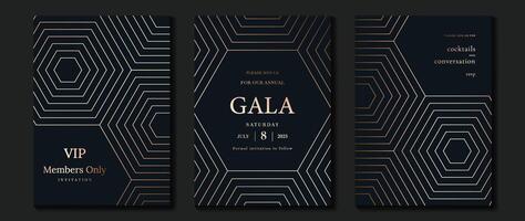 Luxury invitation card background . Golden elegant geometric shape, gold lines gradient on dark blue background. Premium design illustration for gala, grand opening, party invitation, wedding. vector